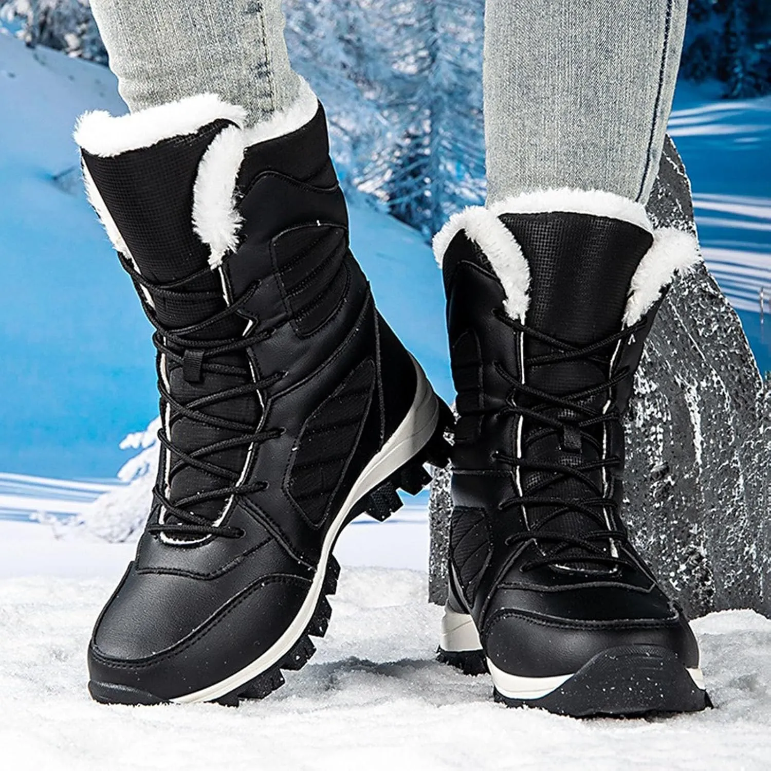 Mid Calf Snow Boots for Women Fleece Lined Warm Winter Boots Lace Up Non Slip Boots Vintage High Top Winter Snow