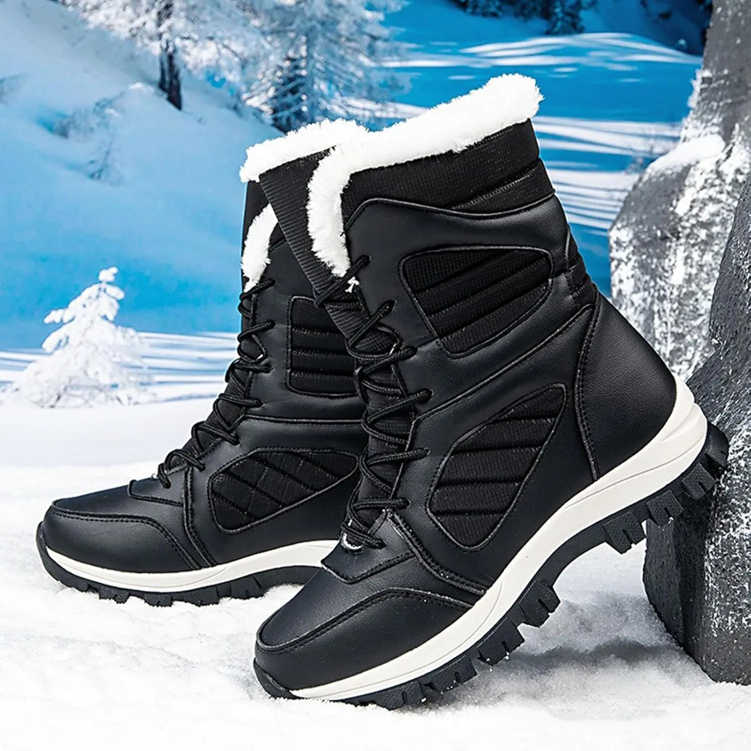 Mid Calf Snow Boots for Women Fleece Lined Warm Winter Boots Lace Up Non Slip Boots Vintage High Top Winter Snow