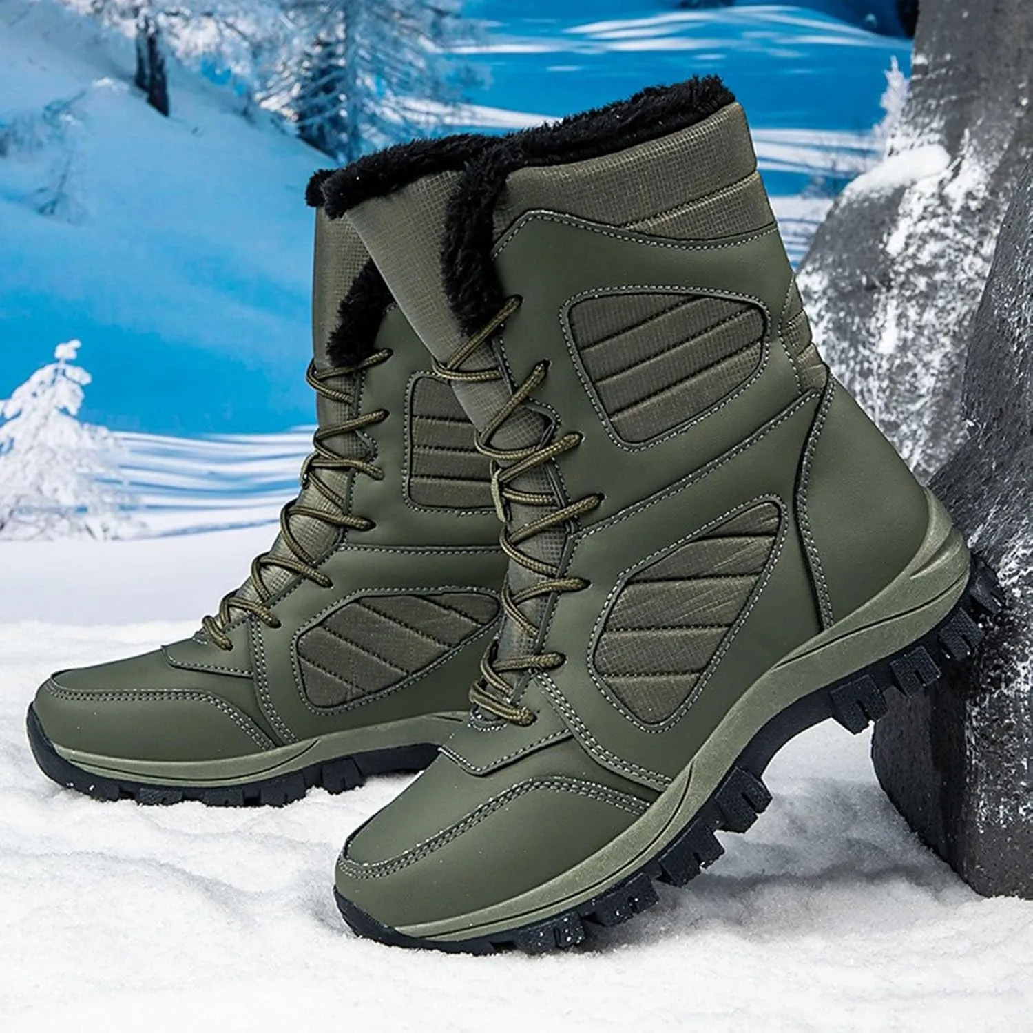 Mid Calf Snow Boots for Women Fleece Lined Warm Winter Boots Lace Up Non Slip Boots Vintage High Top Winter Snow