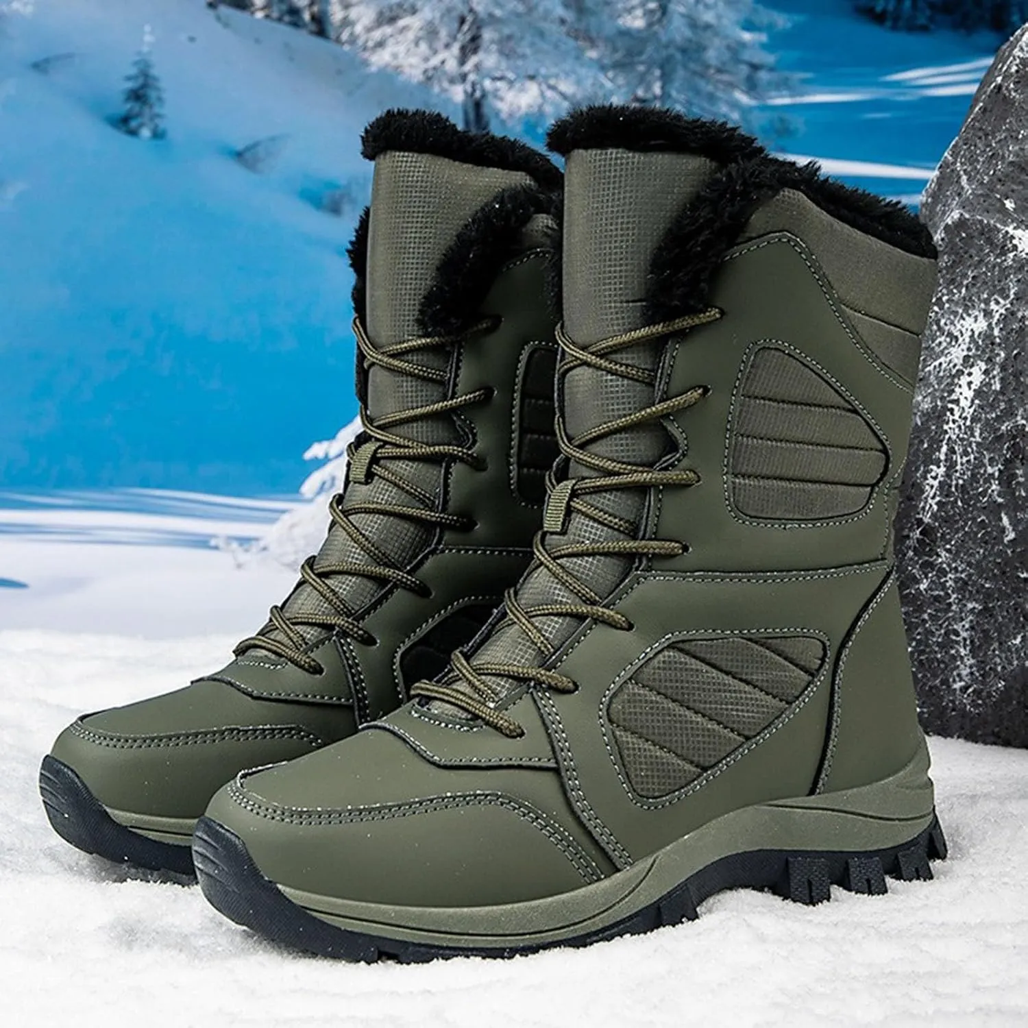 Mid Calf Snow Boots for Women Fleece Lined Warm Winter Boots Lace Up Non Slip Boots Vintage High Top Winter Snow