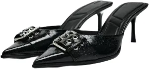 MRKEWUNEY Buckle Heeled Mules for Women Metallic Slip On Mules