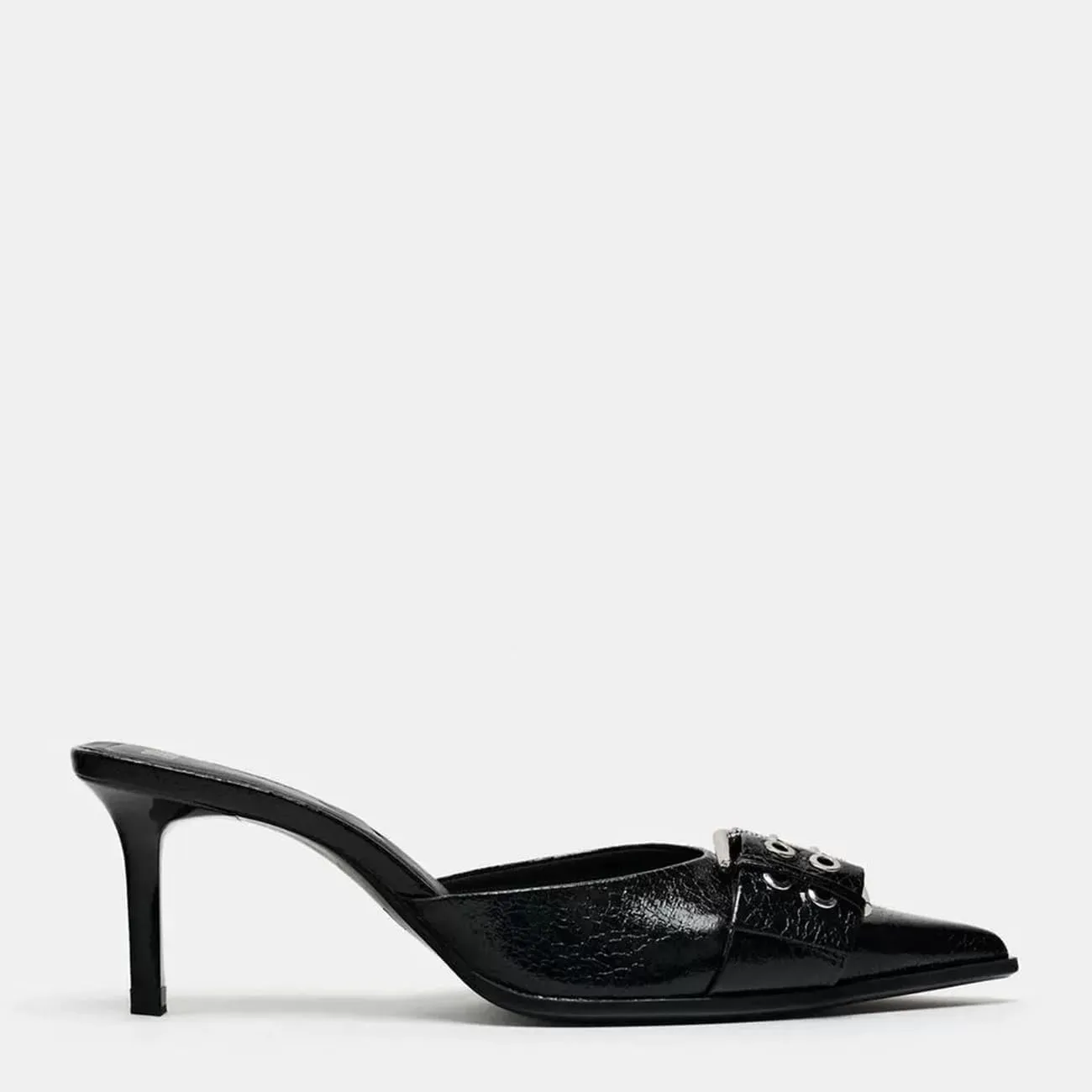 MRKEWUNEY Buckle Heeled Mules for Women Metallic Slip On Mules