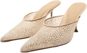 MRKEWUNEY Buckle Heeled Mules for Women Metallic Slip On Mules