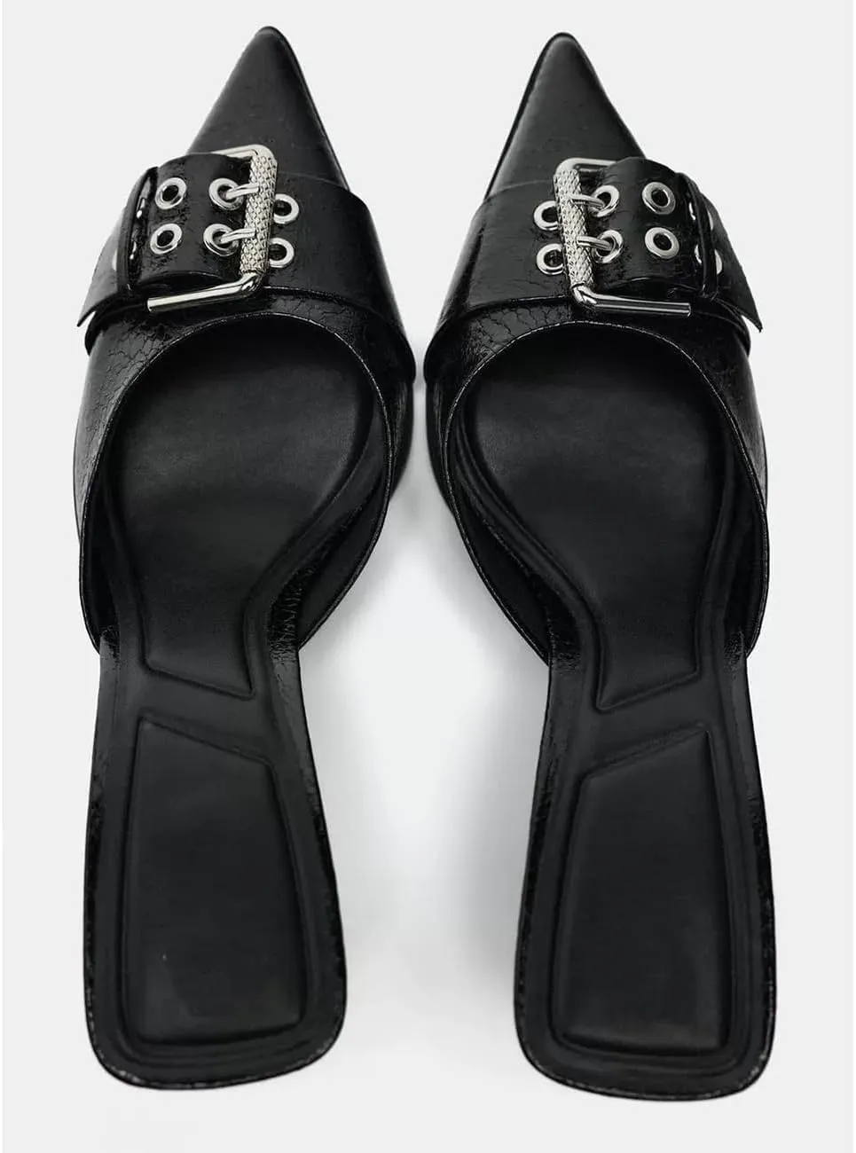 MRKEWUNEY Buckle Heeled Mules for Women Metallic Slip On Mules