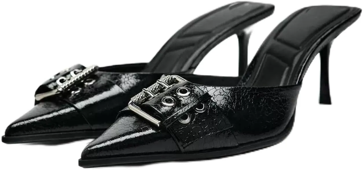 MRKEWUNEY Buckle Heeled Mules for Women Metallic Slip On Mules