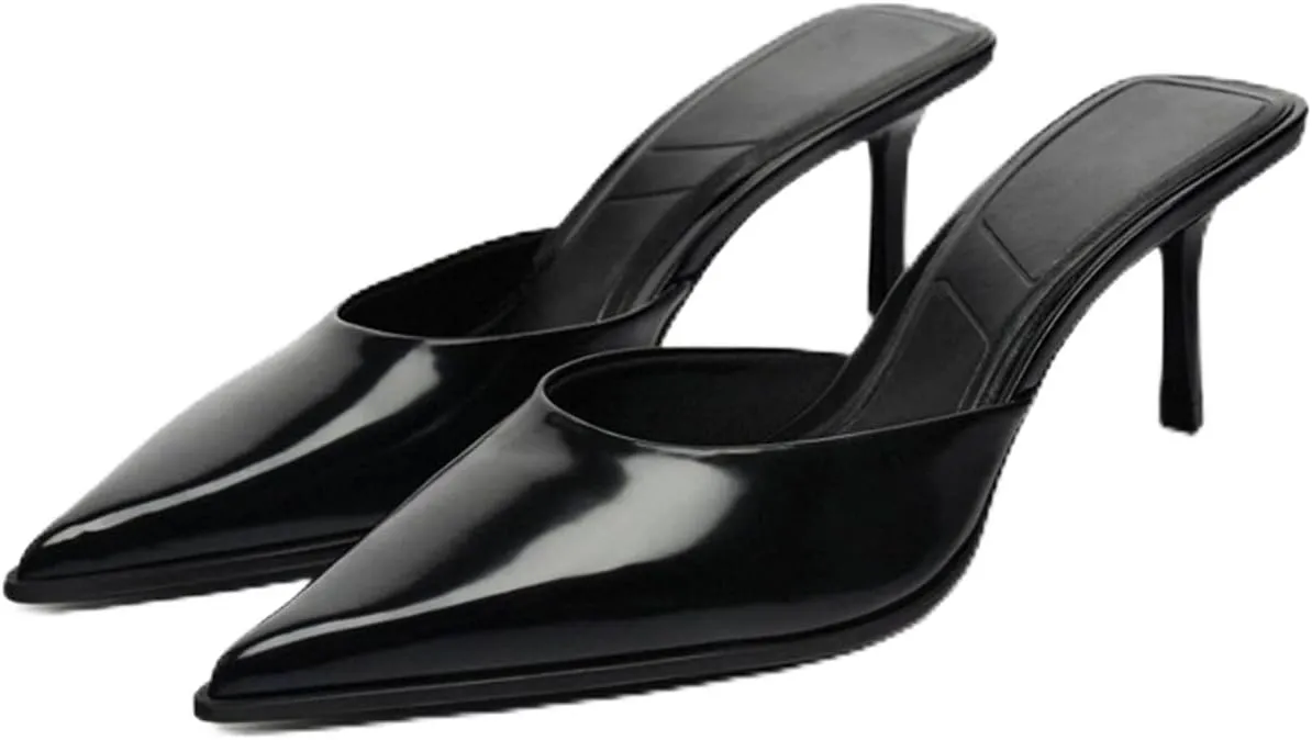 MRKEWUNEY Buckle Heeled Mules for Women Metallic Slip On Mules