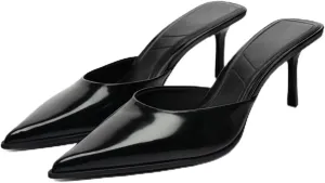 MRKEWUNEY Buckle Heeled Mules for Women Metallic Slip On Mules