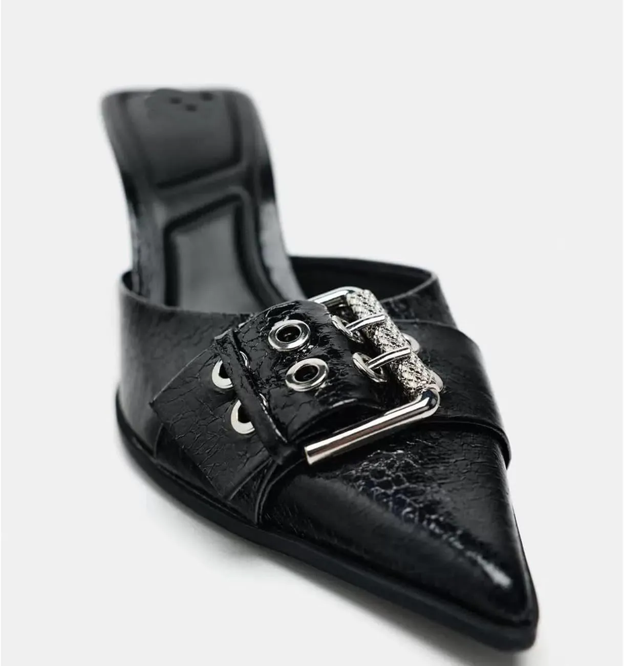 MRKEWUNEY Buckle Heeled Mules for Women Metallic Slip On Mules