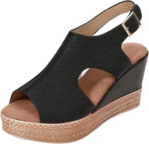 oiangi Slingback Sandals for Women Comfort Heels Summer Fish Mouth Open Toe Hollow Buckle Wedge Platform Shoes Casual Ankle Strap High Heel Beach Shoes