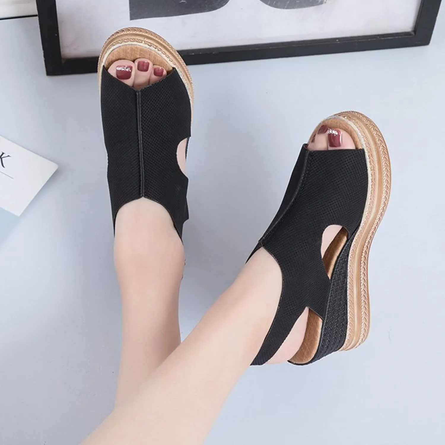 oiangi Slingback Sandals for Women Comfort Heels Summer Fish Mouth Open Toe Hollow Buckle Wedge Platform Shoes Casual Ankle Strap High Heel Beach Shoes