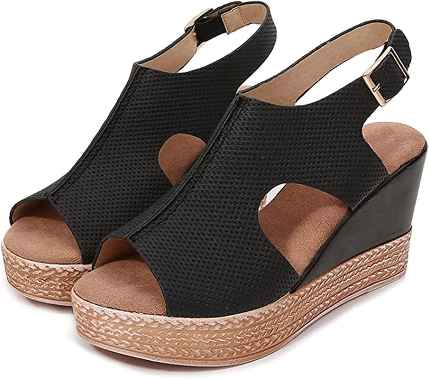 oiangi Slingback Sandals for Women Comfort Heels Summer Fish Mouth Open Toe Hollow Buckle Wedge Platform Shoes Casual Ankle Strap High Heel Beach Shoes