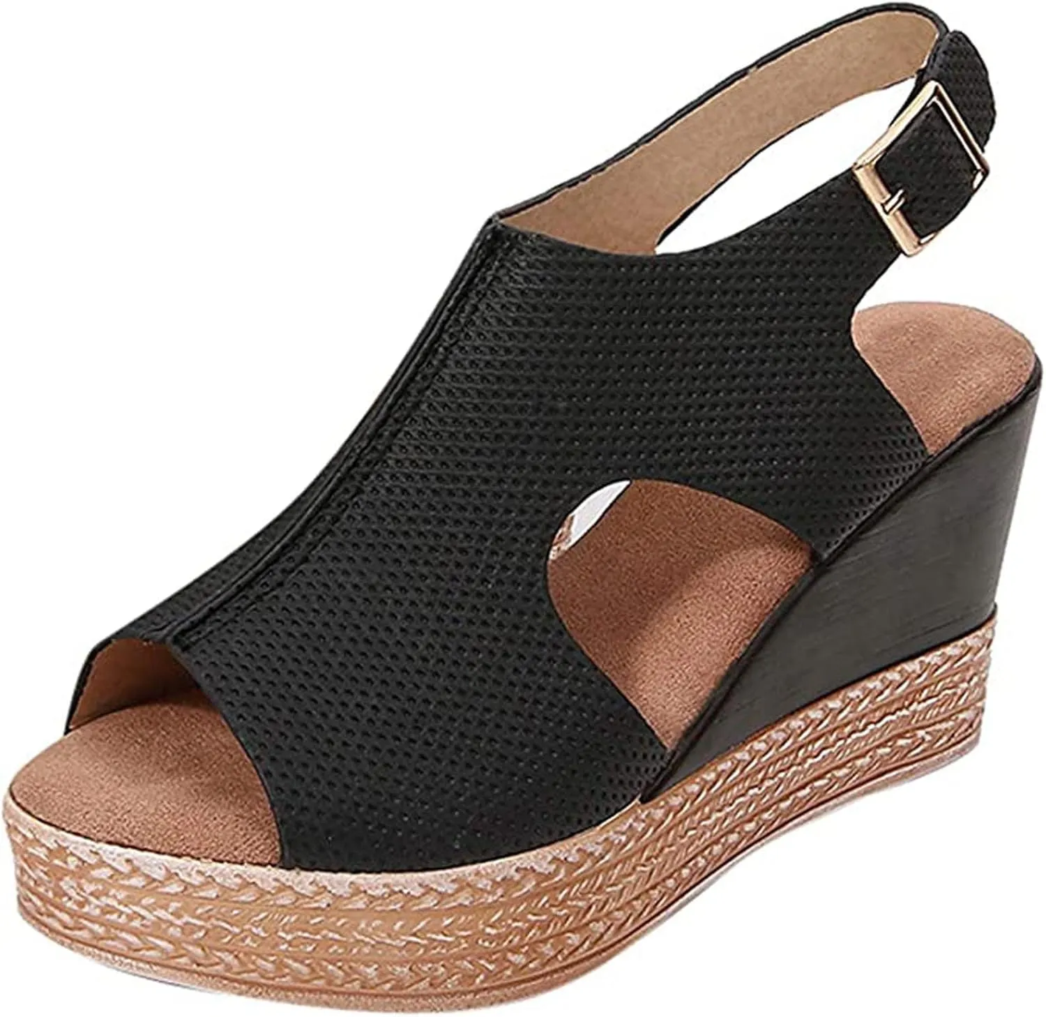 oiangi Slingback Sandals for Women Comfort Heels Summer Fish Mouth Open Toe Hollow Buckle Wedge Platform Shoes Casual Ankle Strap High Heel Beach Shoes