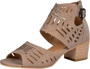 oiangi Womens Peep Toe Chunky Sandals Rhinestones Hollow Fish Mouth Strap Buckle Back Zipper Thick High Heels Stacked Heel Sandalias Casual Trendy Shoes