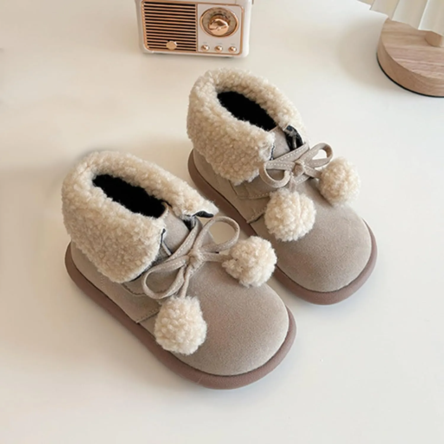Pom-Pom alls Fleece Ankle Boots for Kids Girls Toddler Winter Thick Flat Soft Plush Comfortable Warm Snow Shoes