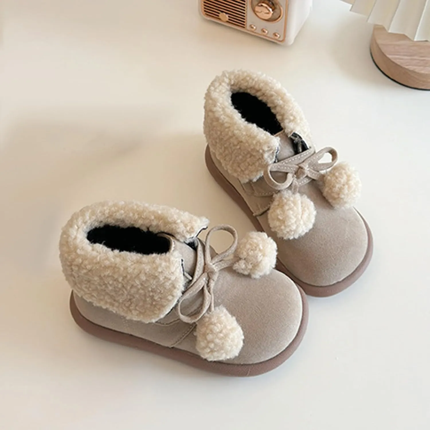 Pom-Pom alls Fleece Ankle Boots for Kids Girls Toddler Winter Thick Flat Soft Plush Comfortable Warm Snow Shoes