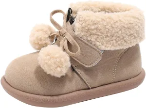 Pom-Pom alls Fleece Ankle Boots for Kids Girls Toddler Winter Thick Flat Soft Plush Comfortable Warm Snow Shoes