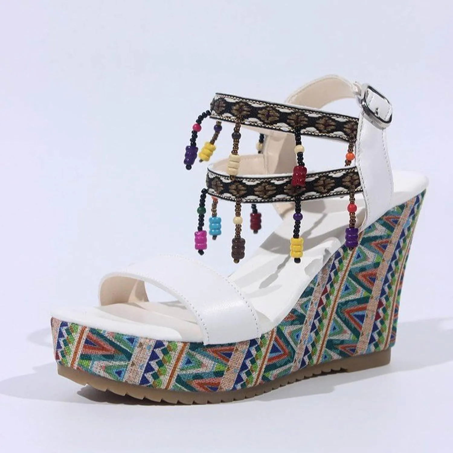 Sandals for Women 2024 Open Toe Ethnic Beaded Platform Sandals Women Summer Fashion Buckle Strap Womens Sandals