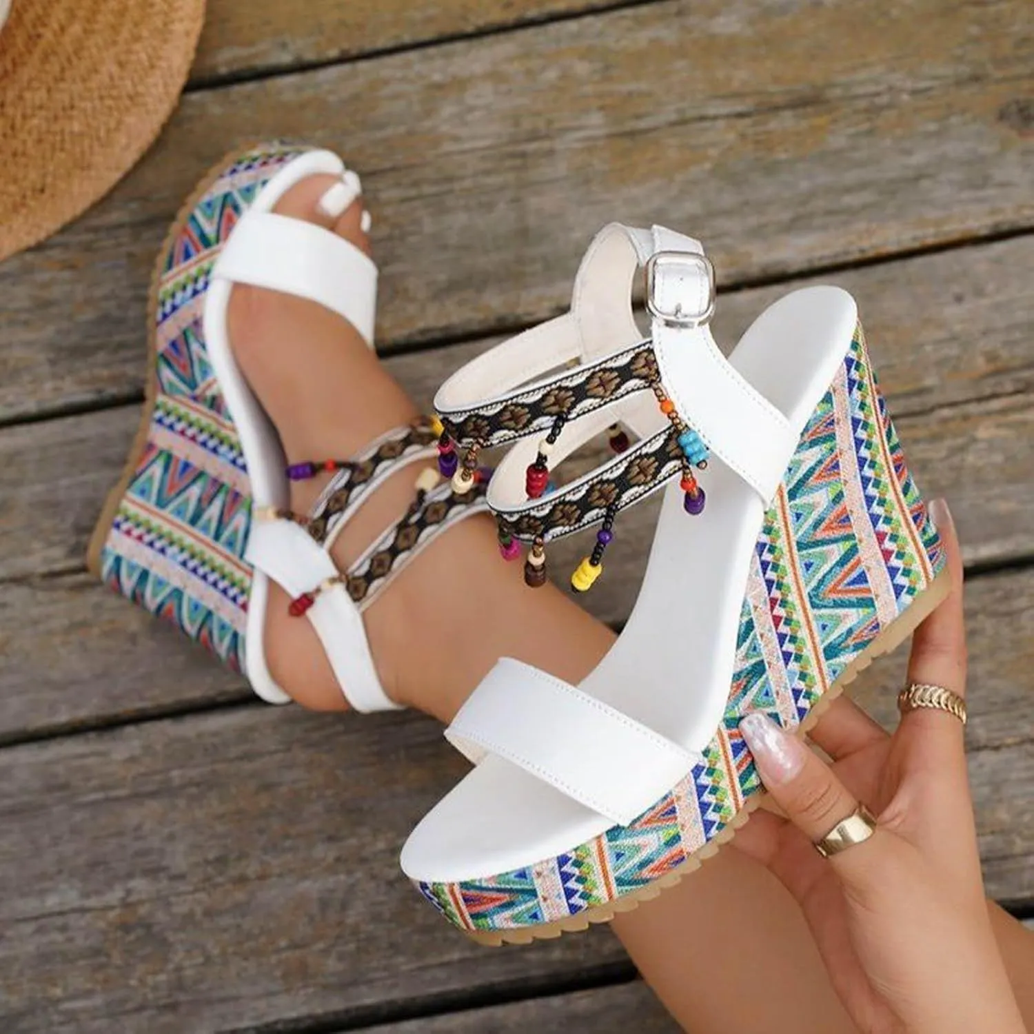 Sandals for Women 2024 Open Toe Ethnic Beaded Platform Sandals Women Summer Fashion Buckle Strap Womens Sandals