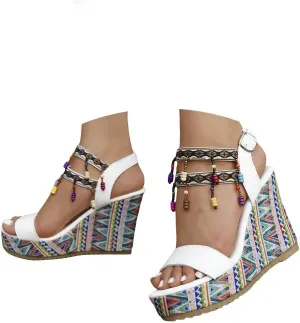 Sandals for Women 2024 Open Toe Ethnic Beaded Platform Sandals Women Summer Fashion Buckle Strap Womens Sandals