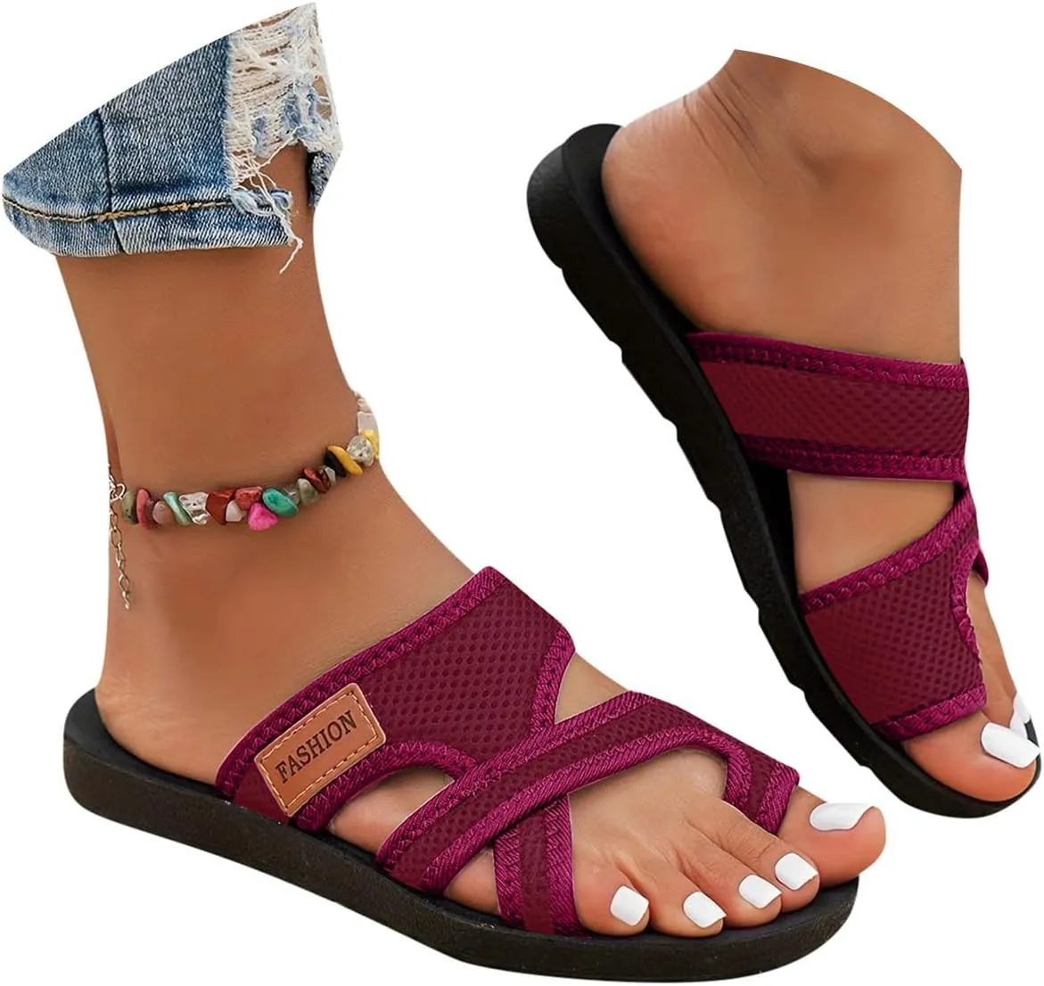 Sandals for Women 2025 Beach,Womens Sandals Comfortable Dressy Breathable Hollow Mesh Slide Sandals with Arch Support
