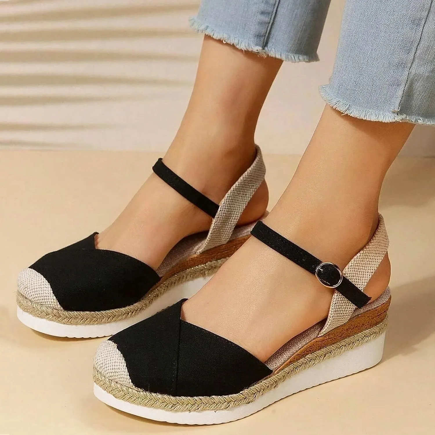 Sandals for Women Closed Toe Crisscross Elastic Ankle Strap Platform Espadrille Wedge Sandals Adjustable Buckle Flat Slide Sandals Canvas Wedge Sandals
