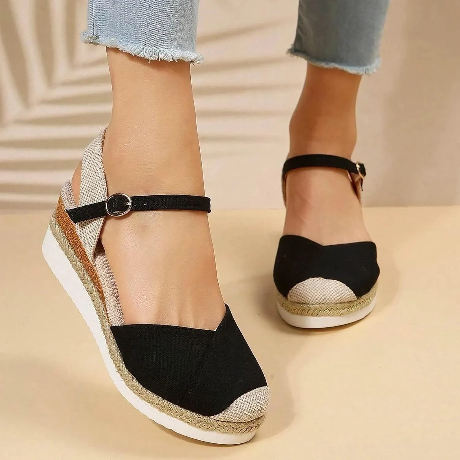 Sandals for Women Closed Toe Crisscross Elastic Ankle Strap Platform Espadrille Wedge Sandals Adjustable Buckle Flat Slide Sandals Canvas Wedge Sandals