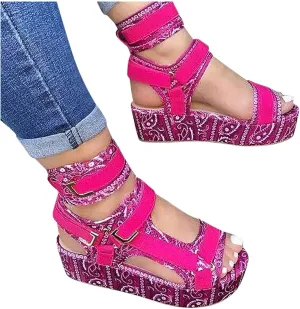 Sandals for Women Wedge,2021 Fashion Tie Dye Ankle Buckle Sandals Summer Beach Sandals Open Toe Espadrille Platform