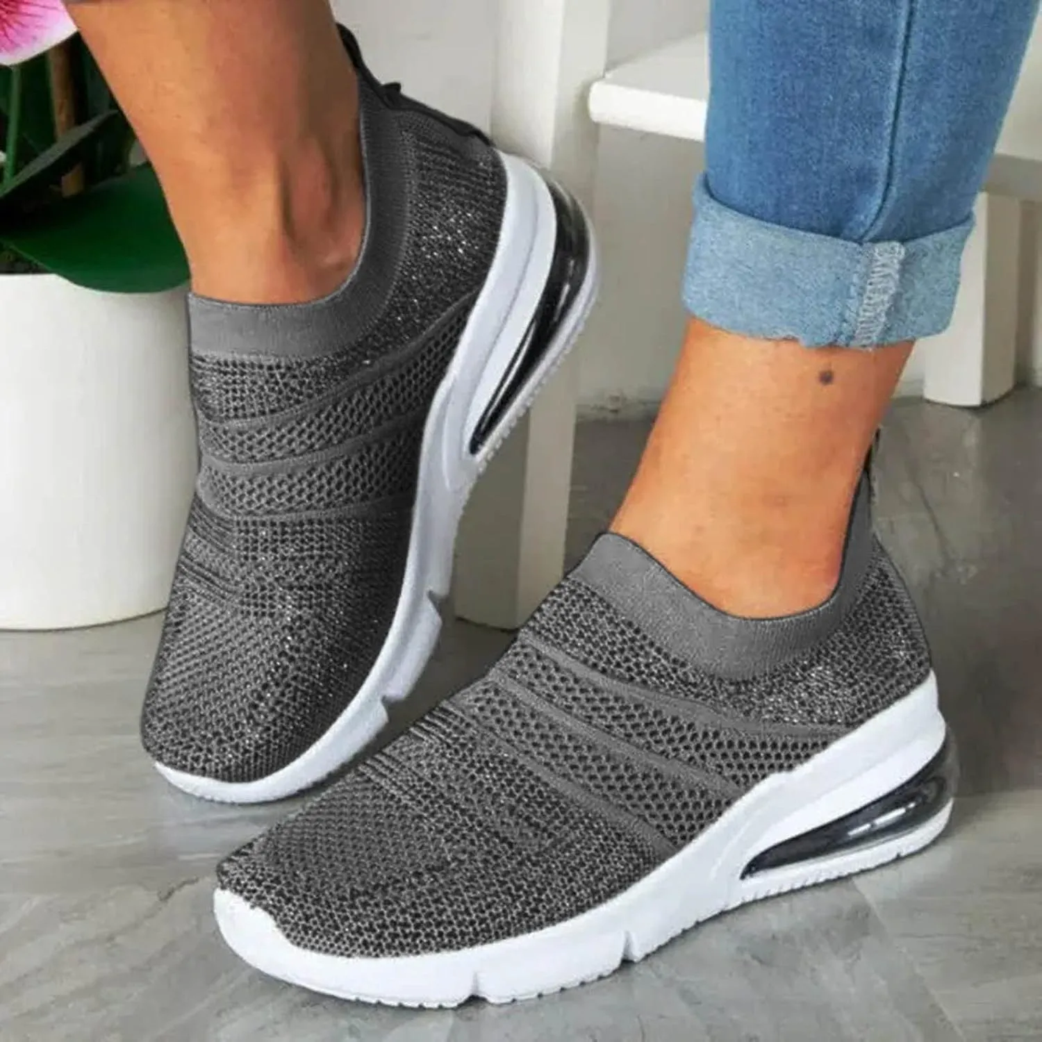 SBGMoSJ Sneakers for Women Women Slip On Sneakers Memory Foam Black Sneakers for Women Comfortable Wide Women Diabetic Walking Sneakers Size 10 Women's Comfortable Working Nurse Shoes Non-Slip