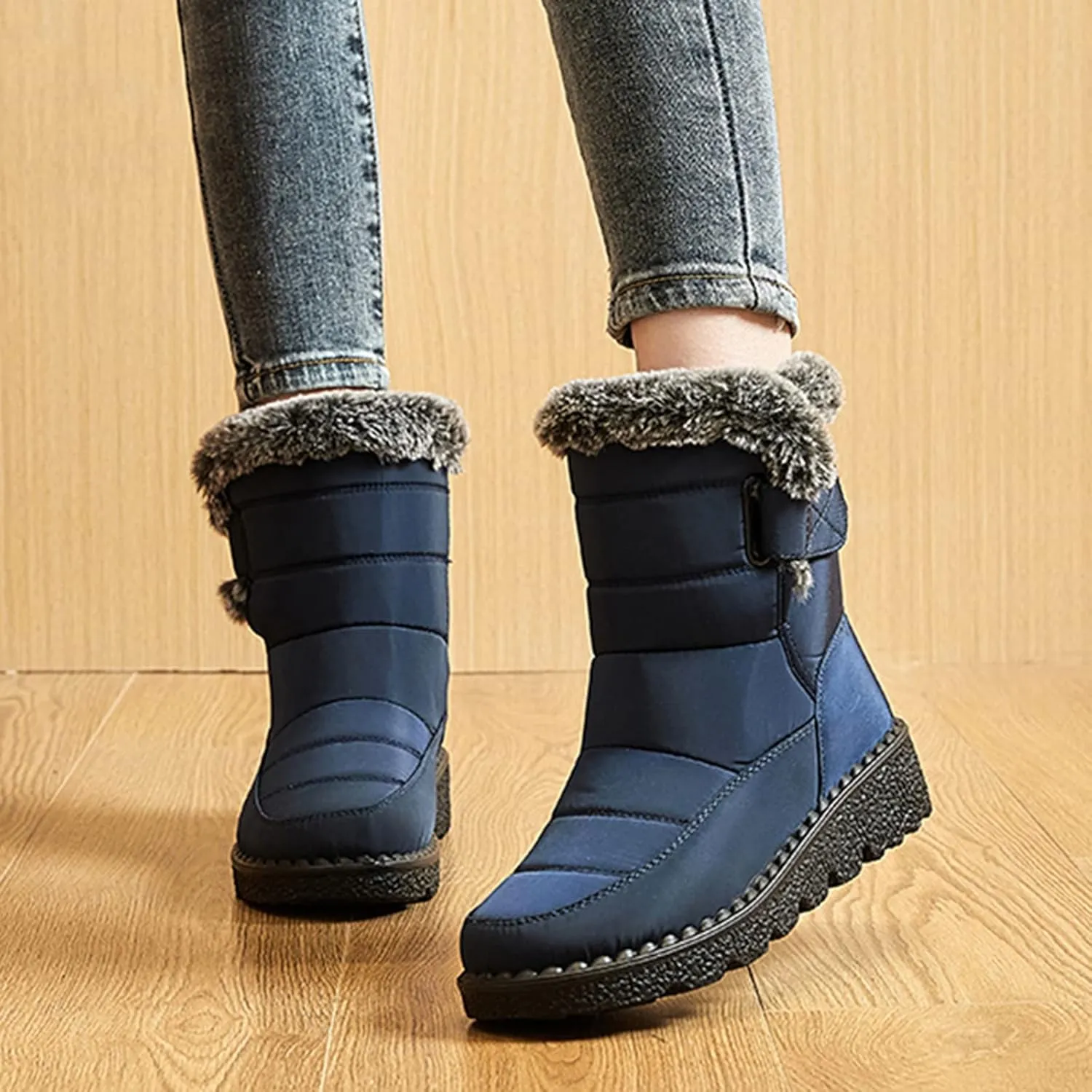 Snow Boots for Women Platform Boots Round Toe Waterproof Fabric Flat Heel Warm Winter Sticky Paste Mid Calf Snow Boot