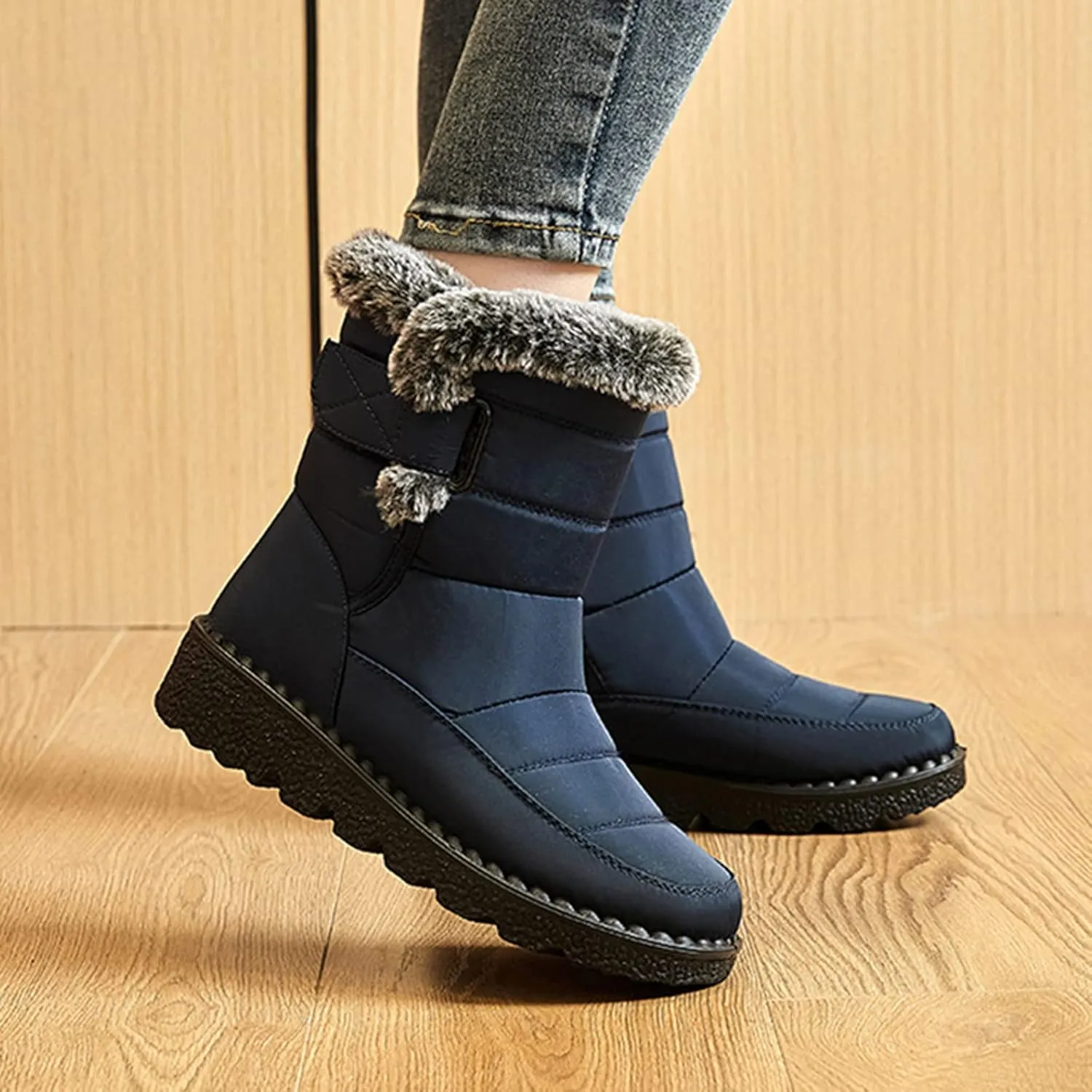 Snow Boots for Women Platform Boots Round Toe Waterproof Fabric Flat Heel Warm Winter Sticky Paste Mid Calf Snow Boot