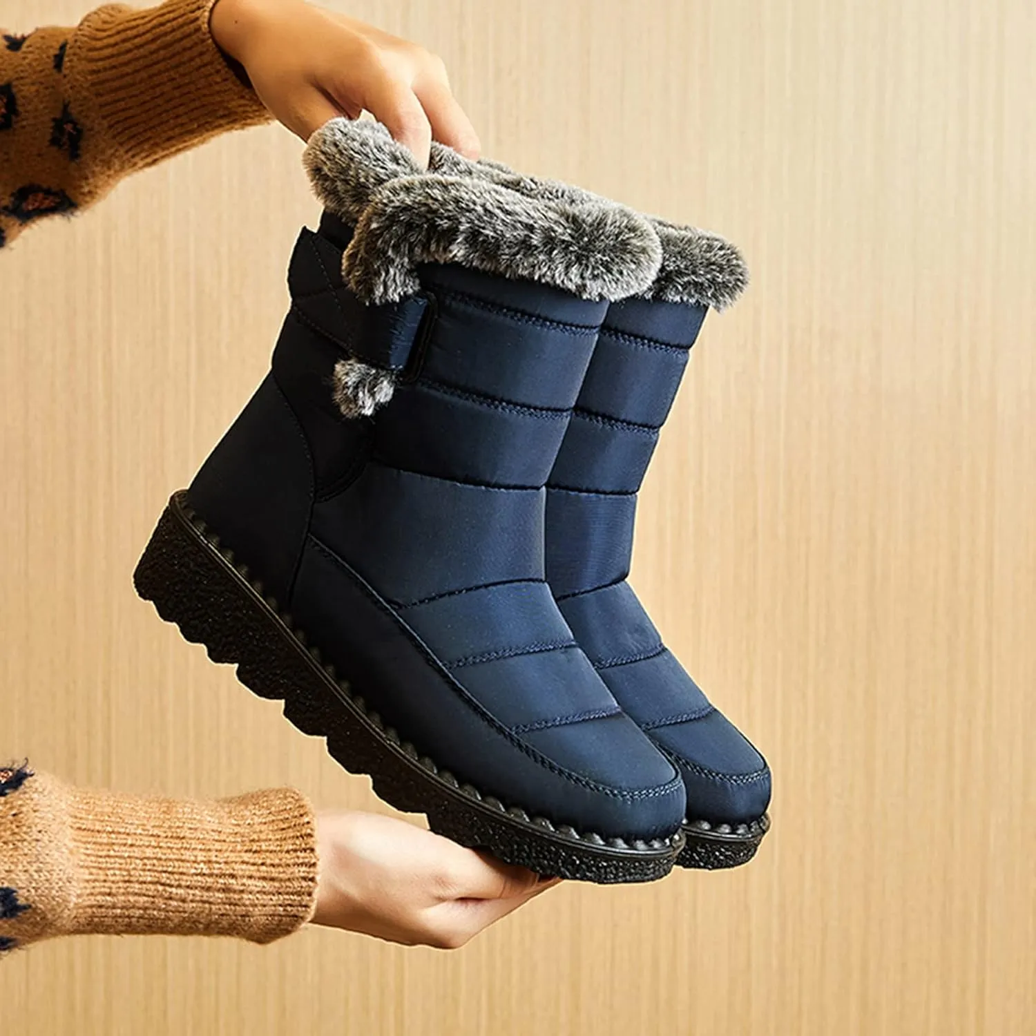 Snow Boots for Women Platform Boots Round Toe Waterproof Fabric Flat Heel Warm Winter Sticky Paste Mid Calf Snow Boot