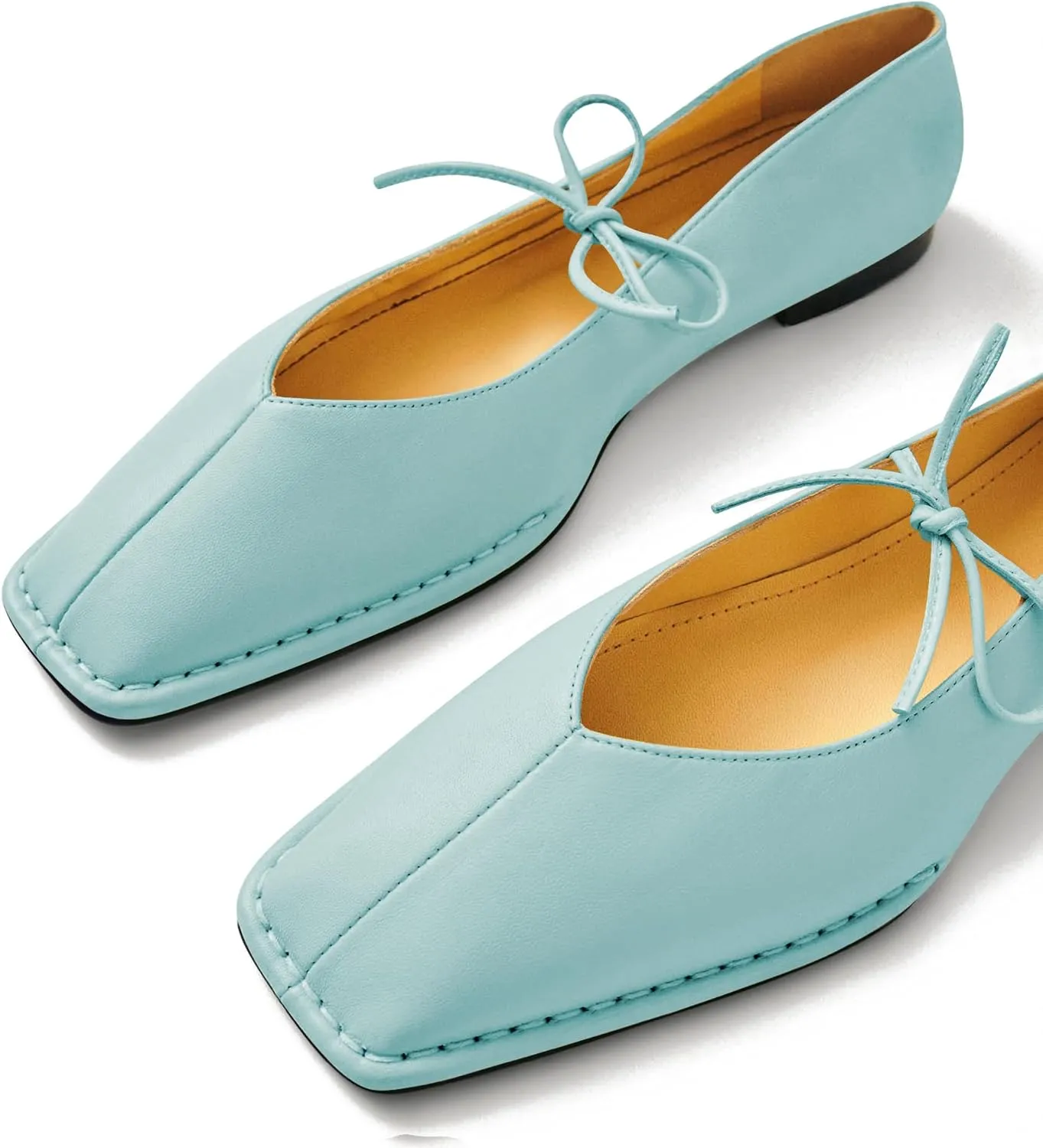 Square Toe Ballet Flats for Women Lace Up Blanket Stitch Sole Sewing Shoes Comfortable Casual Mary Jane Ballerina Flats