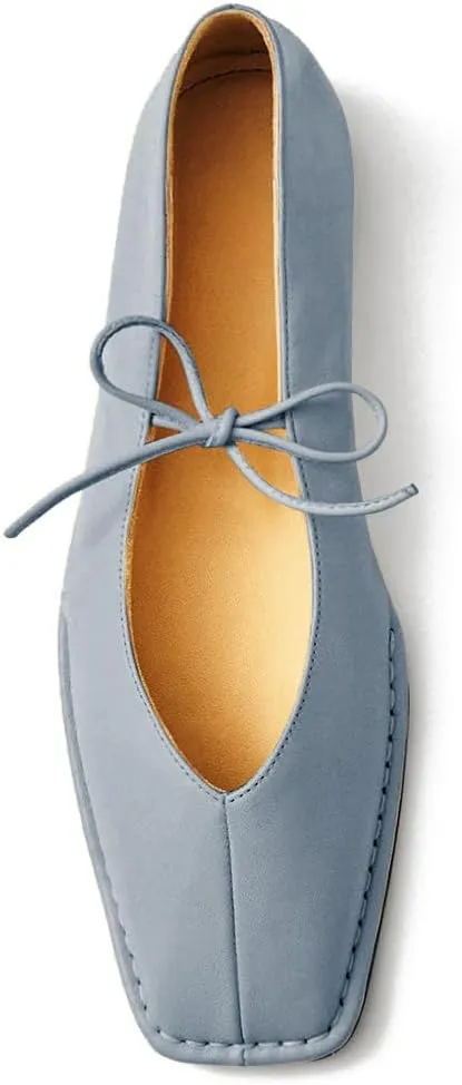 Square Toe Ballet Flats for Women Lace Up Blanket Stitch Sole Sewing Shoes Comfortable Casual Mary Jane Ballerina Flats