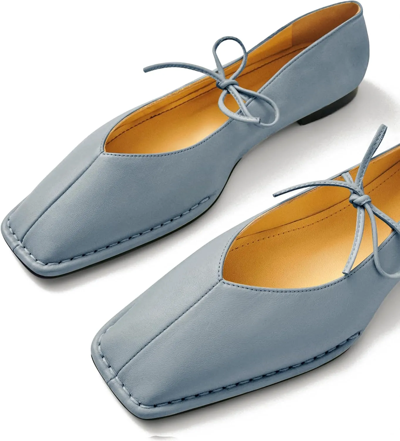 Square Toe Ballet Flats for Women Lace Up Blanket Stitch Sole Sewing Shoes Comfortable Casual Mary Jane Ballerina Flats