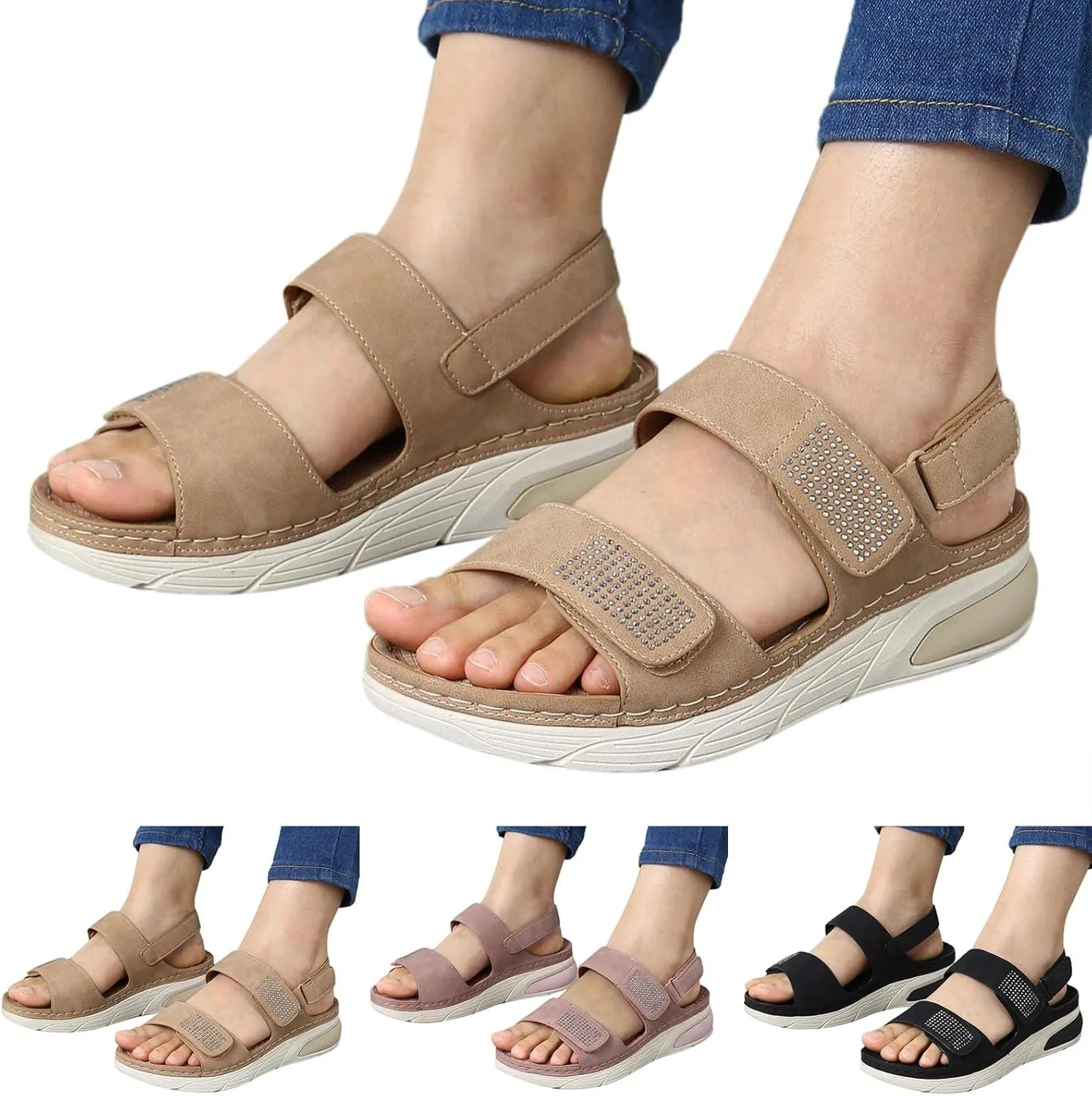 Strappy Sandals For Women Summer Dressy,Hook Loop Rhinestone Sport Shoes Open Toe Ankle Strap Orthopedic Sandals For Women Arch Support Beach Sandals Non Slip Lightweight Casual Walking Shoes