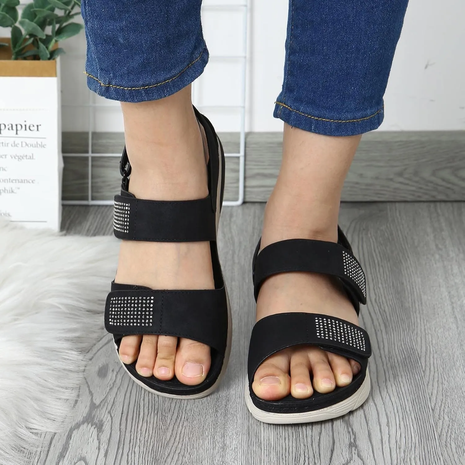 Strappy Sandals For Women Summer Dressy,Hook Loop Rhinestone Sport Shoes Open Toe Ankle Strap Orthopedic Sandals For Women Arch Support Beach Sandals Non Slip Lightweight Casual Walking Shoes