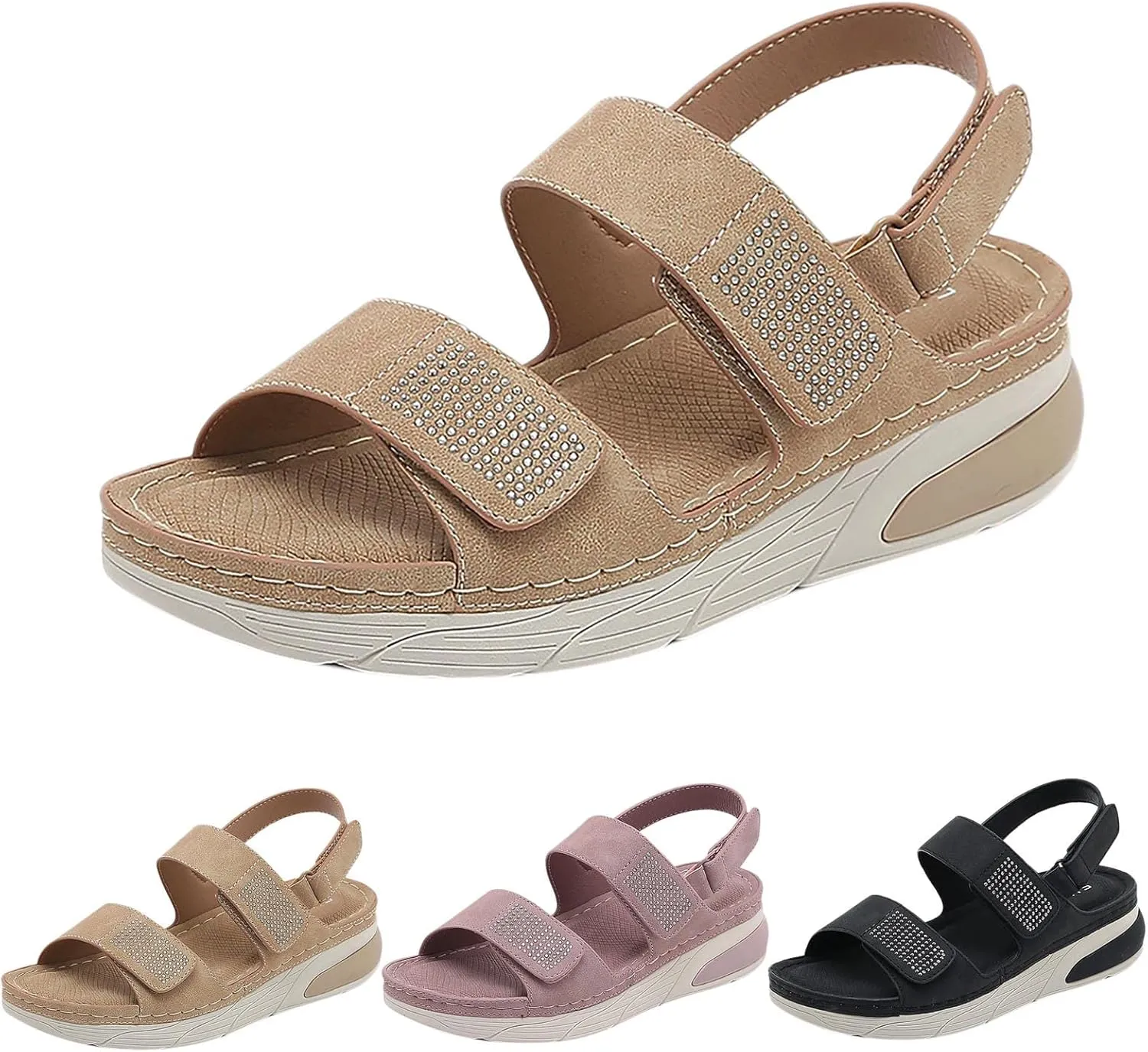 Strappy Sandals For Women Summer Dressy,Hook Loop Rhinestone Sport Shoes Open Toe Ankle Strap Orthopedic Sandals For Women Arch Support Beach Sandals Non Slip Lightweight Casual Walking Shoes