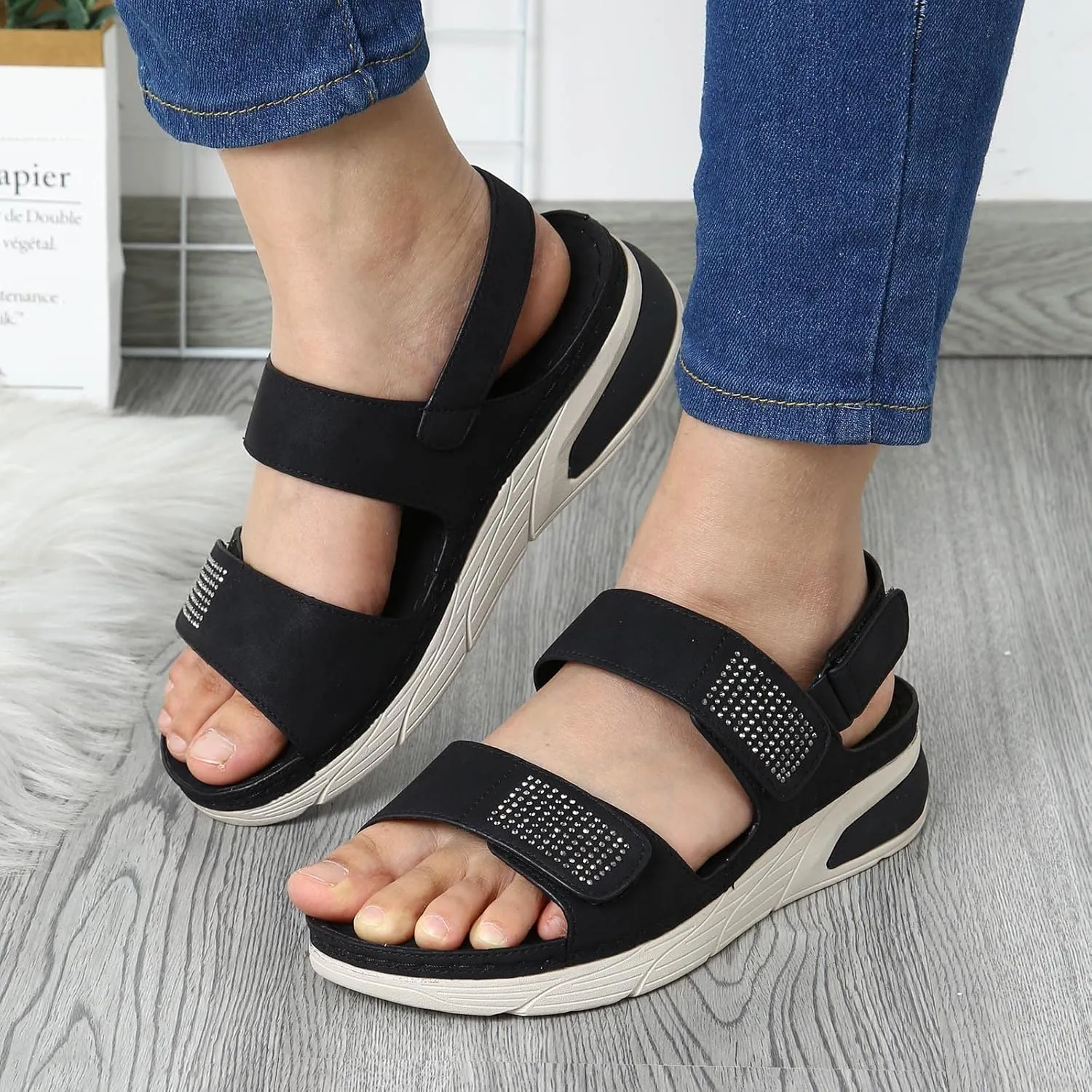 Strappy Sandals For Women Summer Dressy,Hook Loop Rhinestone Sport Shoes Open Toe Ankle Strap Orthopedic Sandals For Women Arch Support Beach Sandals Non Slip Lightweight Casual Walking Shoes