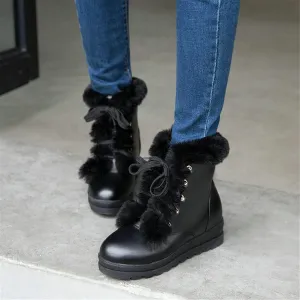 Student Fleece Snow Boots Women Plush Lined Lace Up Boots Winter Platform Ankle Boots PU Leather Ankle Boots Sports Style Ankle Shoes