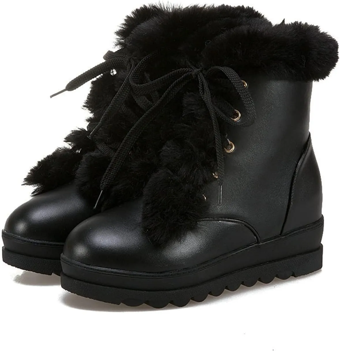 Student Fleece Snow Boots Women Plush Lined Lace Up Boots Winter Platform Ankle Boots PU Leather Ankle Boots Sports Style Ankle Shoes