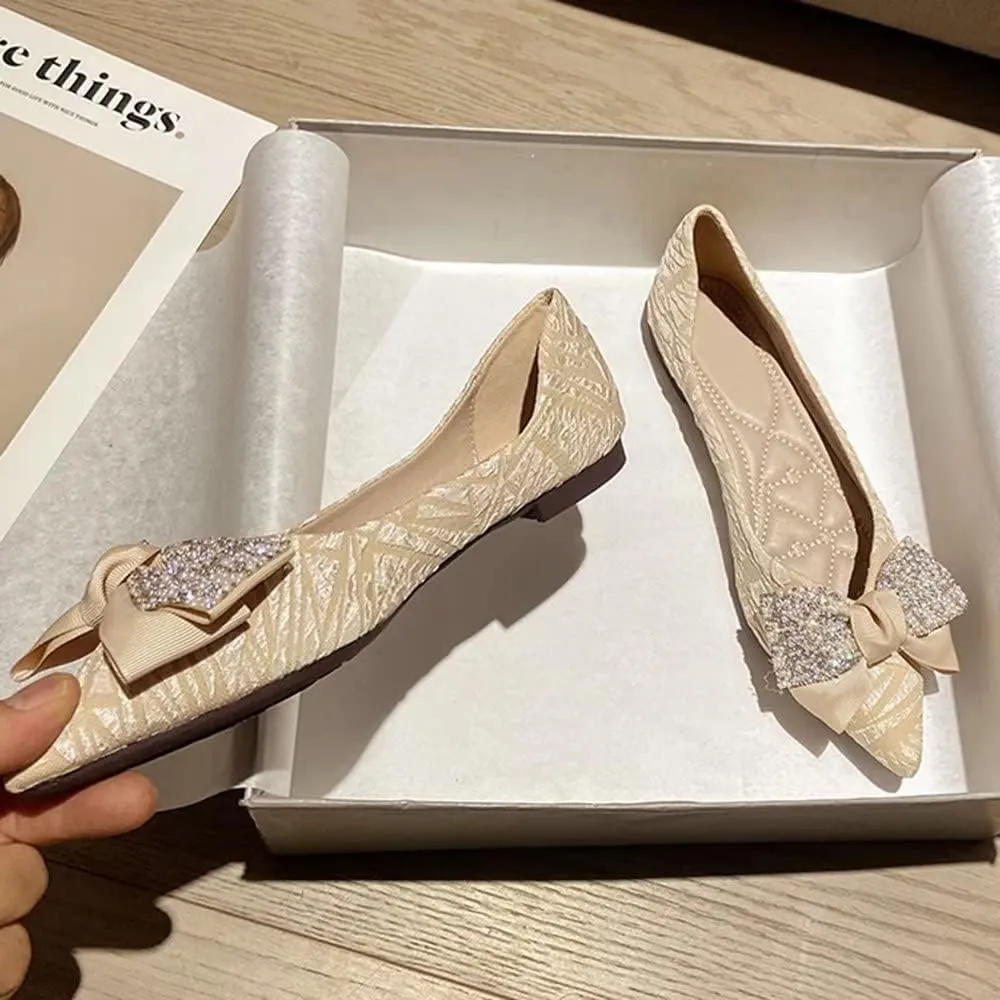 Stunner Women's Ballet Flats Pointed Toe Rhinestone Slip on Flat Shoes Wedding Dress Flats