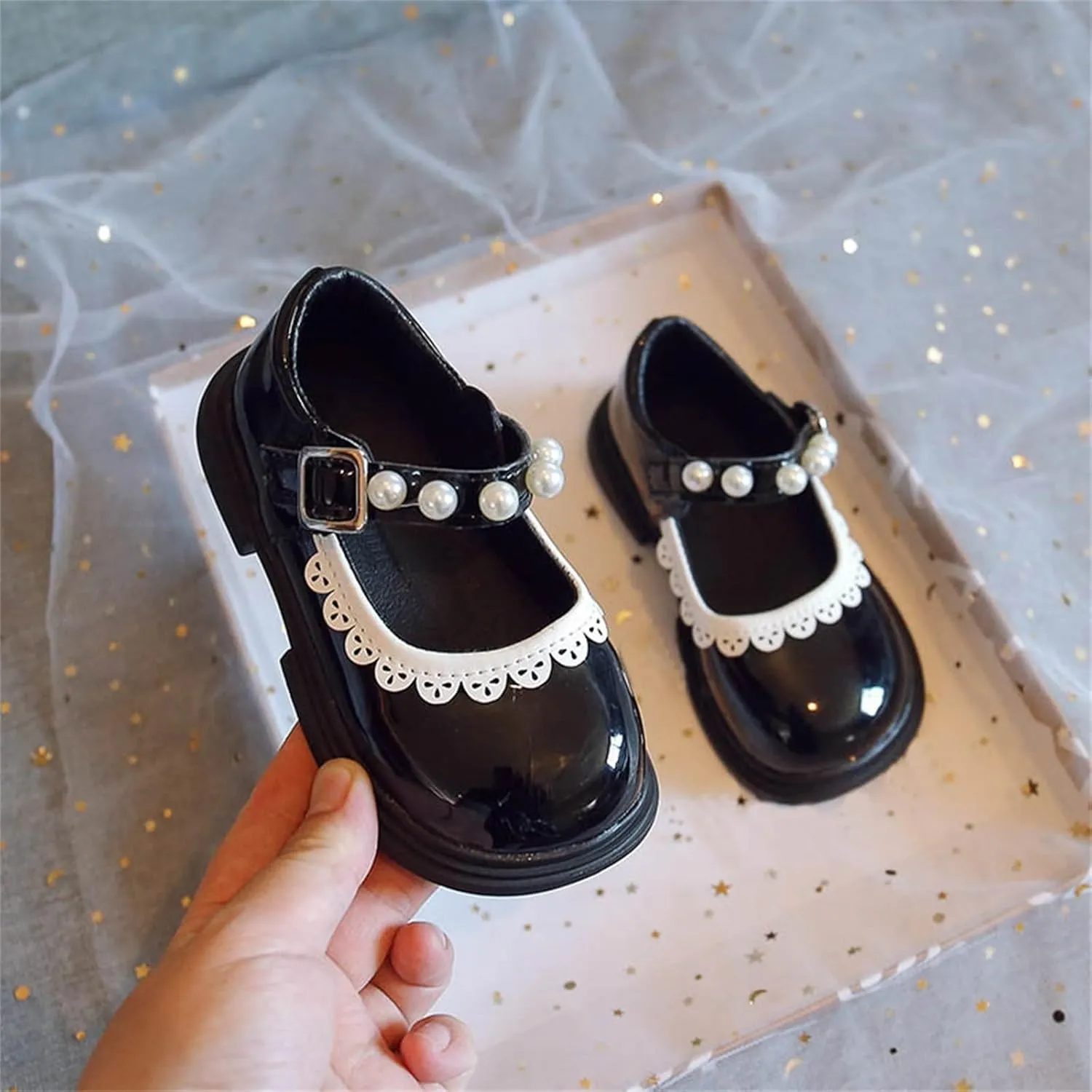 Toddler Baby Mary Jane Shoes Girls Flower Dress Shoes Wedding Party School Softy Ankle Pearl Strap Ballet Flats