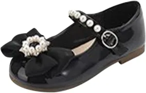 Toddler Girls Dress Ballet Shoes with Pearls Bow Strap Mary Jane Flats Flower Girl Shoes for Wedding Party Dance