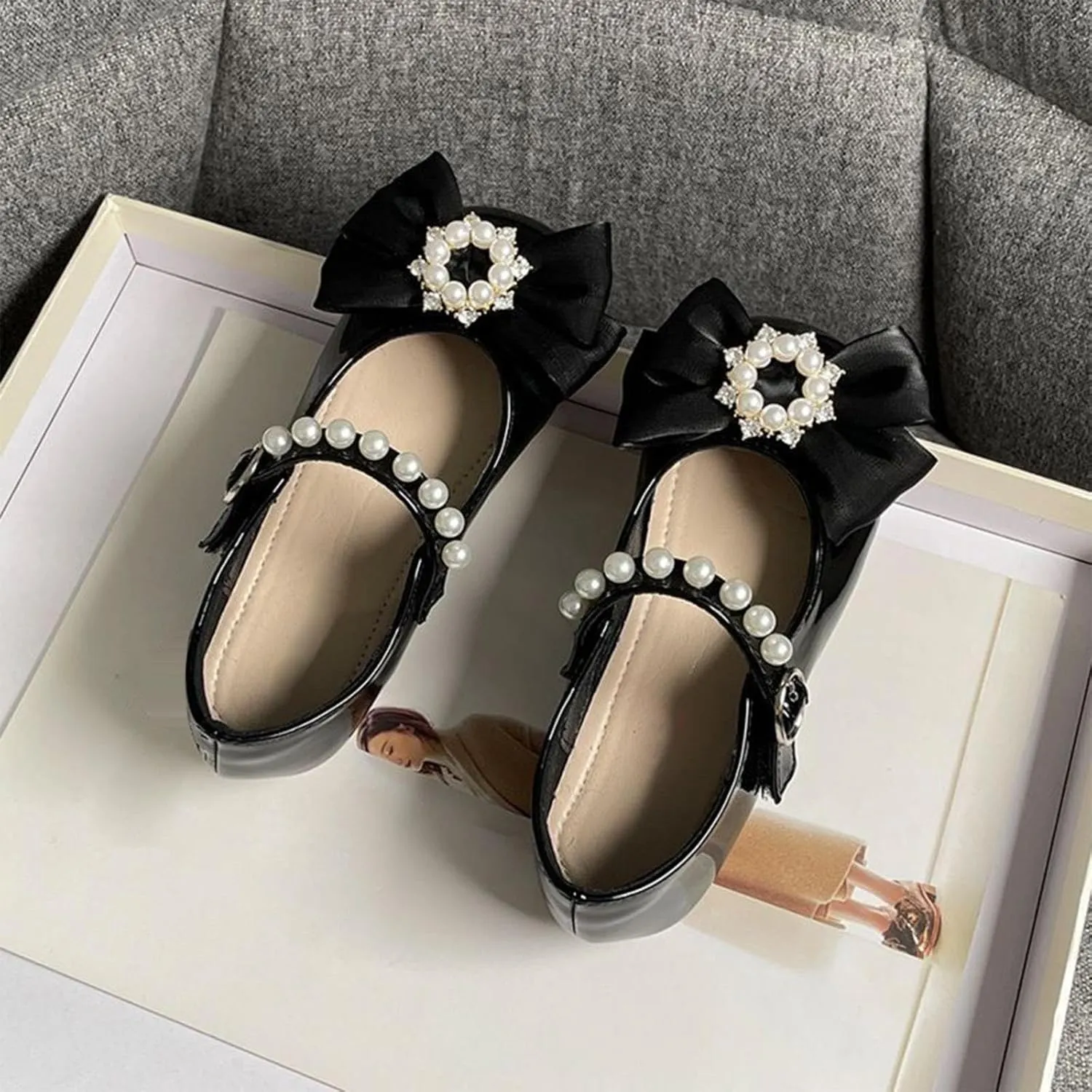 Toddler Girls Dress Ballet Shoes with Pearls Bow Strap Mary Jane Flats Flower Girl Shoes for Wedding Party Dance