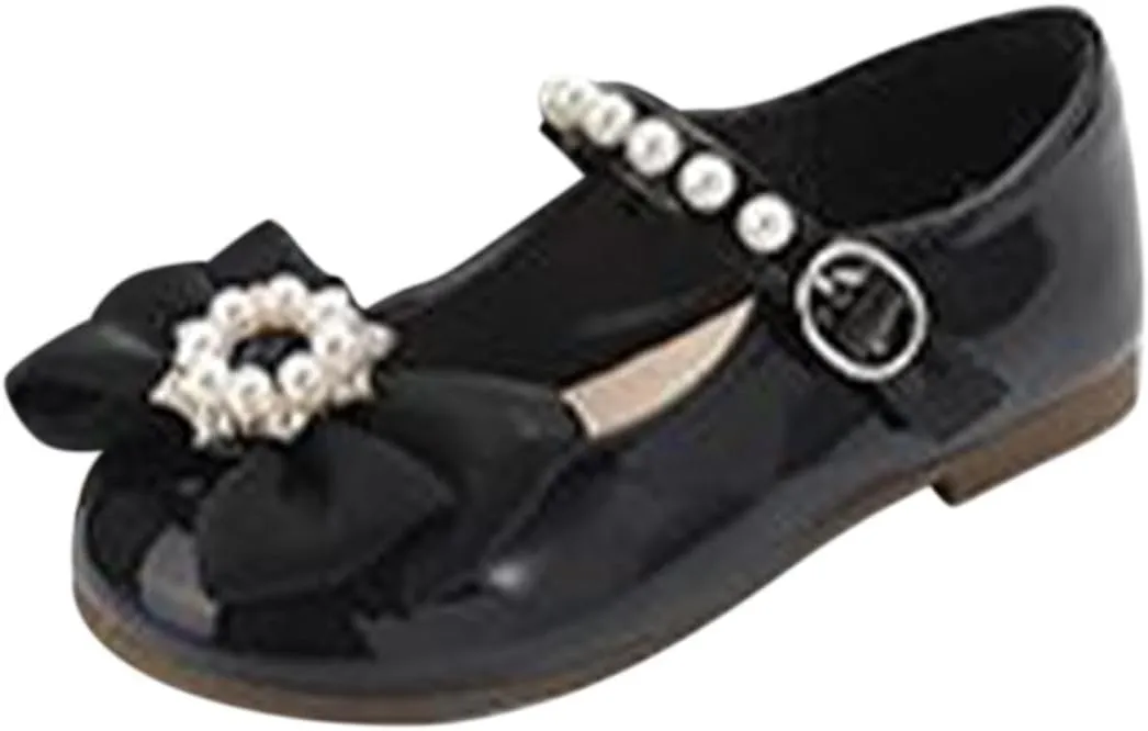 Toddler Girls Dress Ballet Shoes with Pearls Bow Strap Mary Jane Flats Flower Girl Shoes for Wedding Party Dance