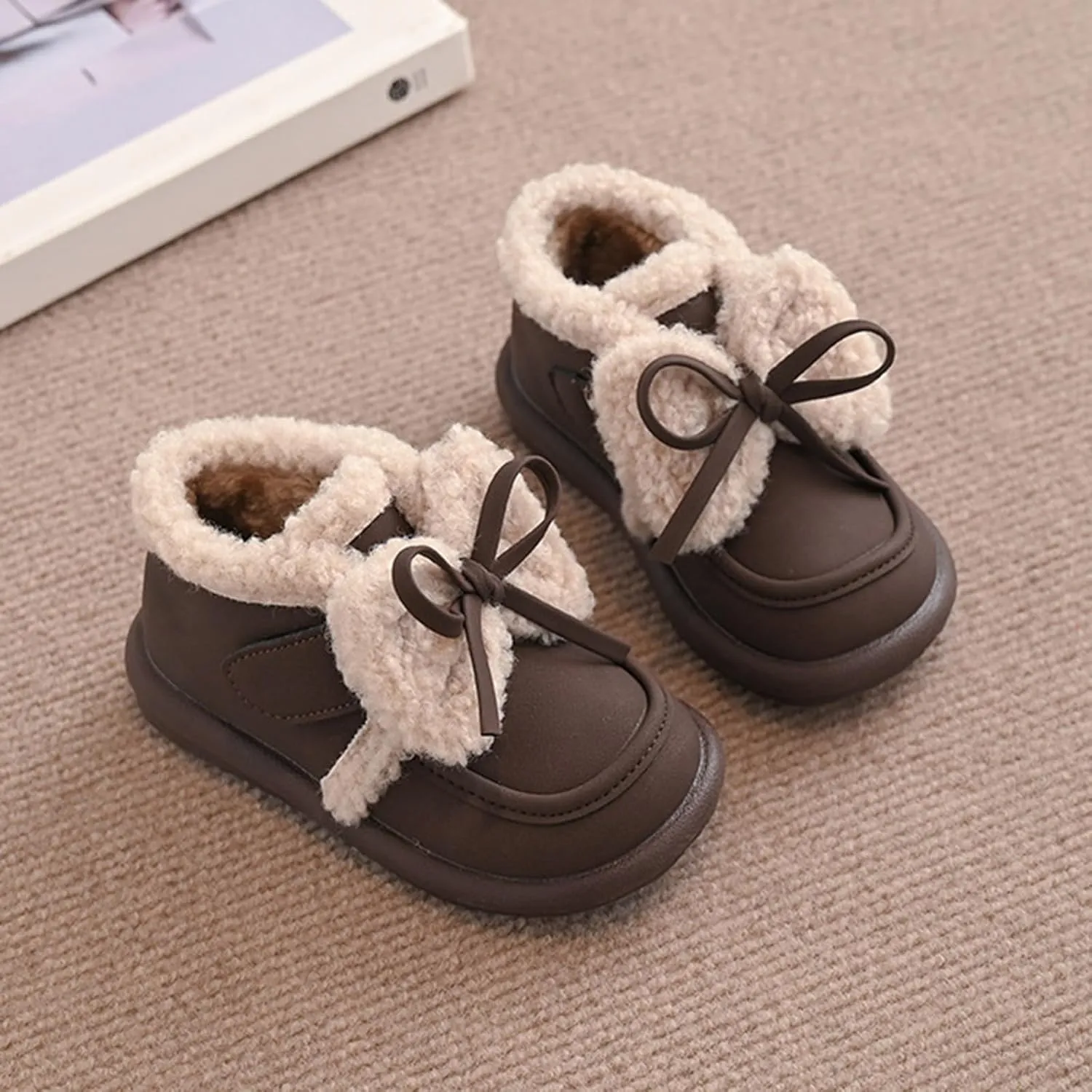 Toddler Kids Cotton Fleece Ankle Boots Winter Fashion Cute Bowknot Fr ining Comfy Soft Warm Walking Shoes