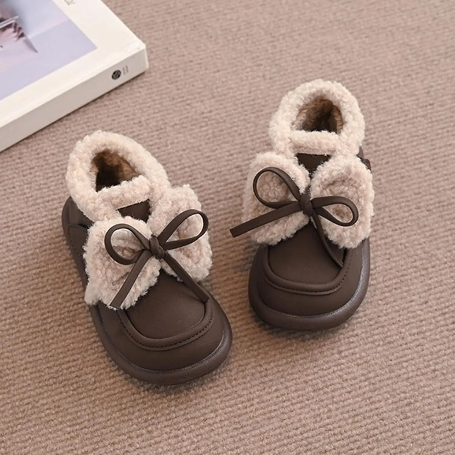 Toddler Kids Cotton Fleece Ankle Boots Winter Fashion Cute Bowknot Fr ining Comfy Soft Warm Walking Shoes