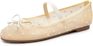 Trary Ballet Flats for Women Closed Round Toe Mary Jane Shoes Women Cute Bowknot Non-Slip Dressy Shoes Elastic Strap Comfortable Women's Flats for All-Year Daily Work Causal