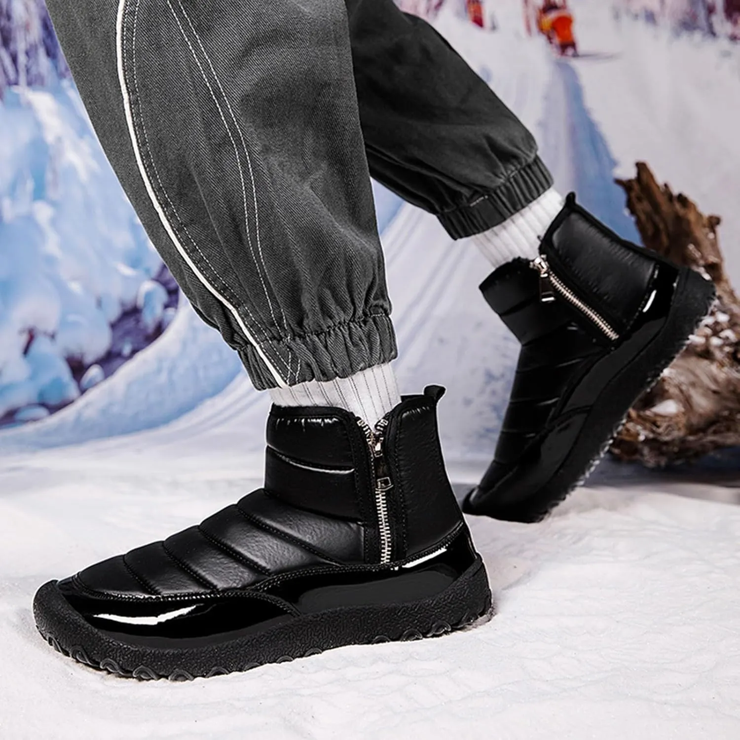 Water Proof Insulated Snow Boots for Men Fashion Leather Ankle Boots Fleece Lined Warm Zipper Snow Boots