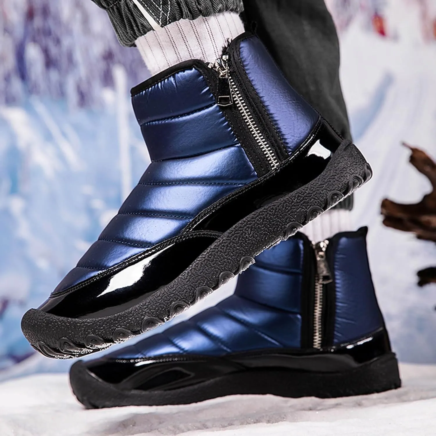 Water Proof Insulated Snow Boots for Men Fashion Leather Ankle Boots Fleece Lined Warm Zipper Snow Boots